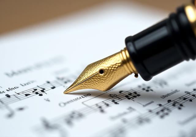 Close-up of a high-end fountain pen rests on a music score and legal document