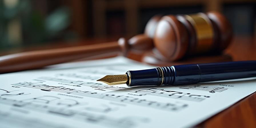 Legal gavel and fountain pen on music manuscript